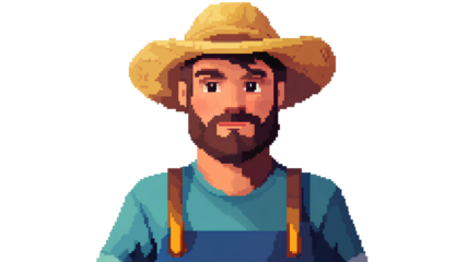 Pixel art portrait of a farmer with a beard in a straw hat on transparent background