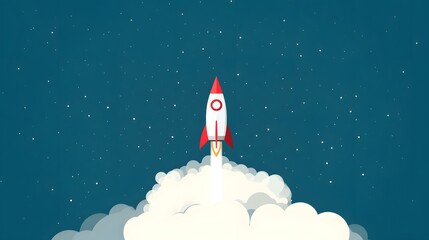 Illustration of a rocket in space concept. Flat illustration of a rocket in space with clouds, stars and planets.