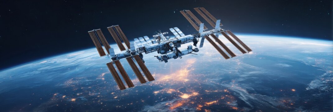 International Space Station floats above Earth during nighttime, showcasing glowing city lights and a dark sky filled with stars.