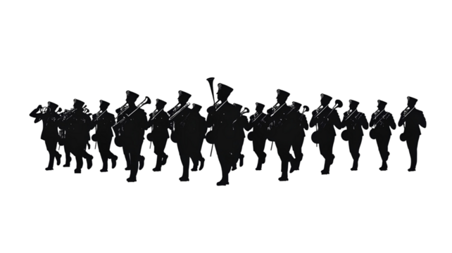 Silhouette of a marching band on a transparent background
