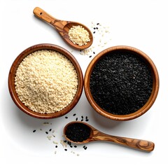 White and black sesame seeds in wooden bowls and spoons