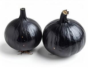 Two dark onions, one with roots, on a white background