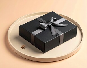 Black gift box w/ grey ribbon sits on beige tray, clover
