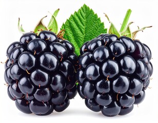 Two ripe blackberries with leaf. Vivid color, sharp detail