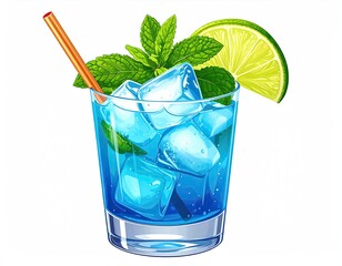 Blue cocktail with ice, mint, lime, and orange straw