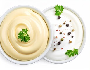 Two bowls of creamy sauces, topped with parsley