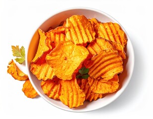 Sweet potato chips in bowl, parsley garnish, isolated