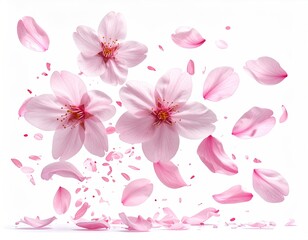 Pink blossom flowers and petals softly falling on white