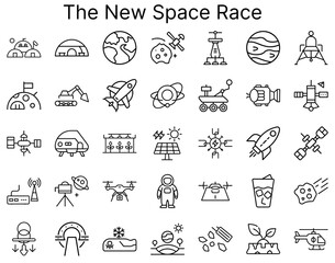 Icons depicting the New Space Race with spacecraft and planets  