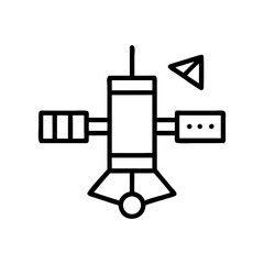 Spacecraft illustration with antenna and control panels in line art  