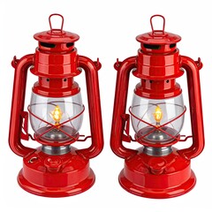 Two red, lit, vintage oil lanterns against a white background