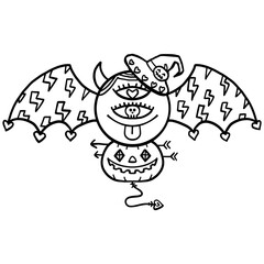 halloween festival. Whimsical monster with bat wings and a jack-o'-lantern body. retro trendy groovy halloween illustration in doodle line style