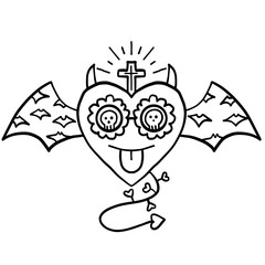 halloween festival. Heart with devil horns and bat wings, featuring skulls and a cross. retro trendy groovy halloween illustration in doodle pastel color line style