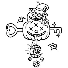 halloween festival. Whimsical Halloween key with pumpkins, moon, and fun designs. retro trendy groovy halloween illustration in doodle line style
