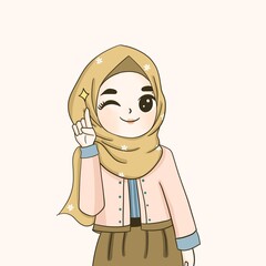 Modern Muslim woman in hijab headscarf. hijab teenager is pointing finger , muslim girl points finger and winks an eye.