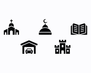 Obraz premium Collection of Cultural and Architectural Icons Diverse Symbolism Showcasing Religious Buildings Transportation Historical Landmarks and Scholarly Pursuit in Bold Silhouette Graphics