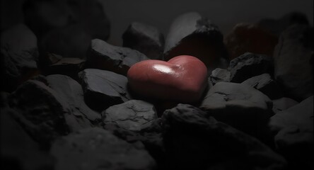 Heartfelt Embrace: A solitary, red heart nestled amongst a bed of charcoal-colored stones, symbolizing love, strength, and resilience in the face of life's challenges. 