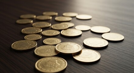Coins scattered across dark wooden surface, some showing a regal profile