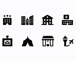 Diverse Pictogram Set Representing Modern Civilization Infrastructure and Services Including Hospitality Commerce Communication Healthcare and Transportation for Design Projects