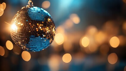Sparkling disco ball hangs in a dark room, reflecting colorful lights, creating a festive atmosphere perfect for a party or celebration