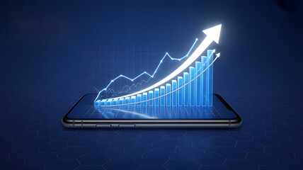 Ascending graph with arrow on smartphone screen on blue background