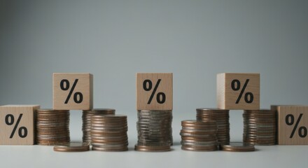 Coins stacked with percentage sign wooden blocks on white table
