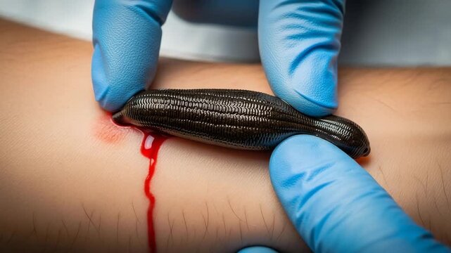 A leech sucks blood from a persons arm during a medical procedure
