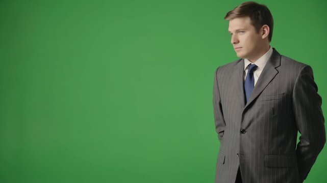 Gesch&auml;ftsmann im Anzug auf Greenscreen &ndash; Mann vor Chroma Key Hintergrund f&uuml;r Compositing und Business-Content