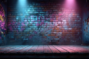 Stage lights illuminate graffiti brick wall and wooden floor