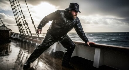 Man in raincoat standing wet on ship deck during stormy weather. Tough sailor on a vessel in rough sea. Challenging adventure and naval concept.