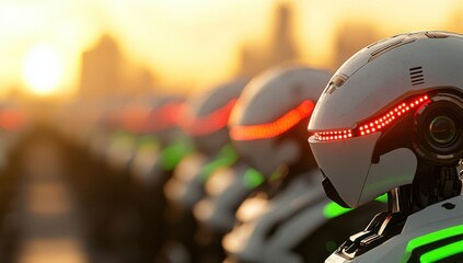 A line of futuristic robots stands silhouetted against a vibrant sunset cityscape, showcasing advanced technology and a sense of dystopian wonder