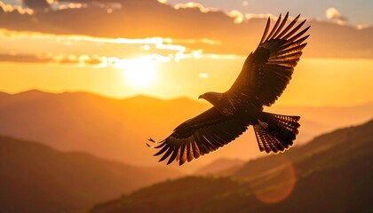 Soaring Bird Silhouette at Sunset Over Mountains