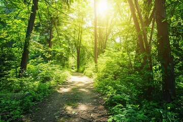 Obraz premium Summer hiking trail in a dense forest, vivid greenery, strong sun rays streaming through trees