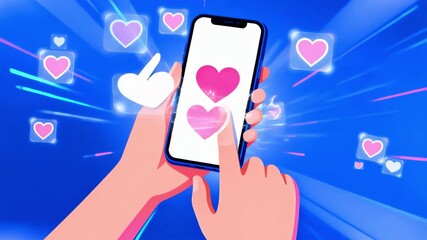 Hands tapping heart icon on smartphone with floating likes and hearts on blue background, social media engagement and mobile interaction concept for digital marketing and online community growth - Powered by Adobe