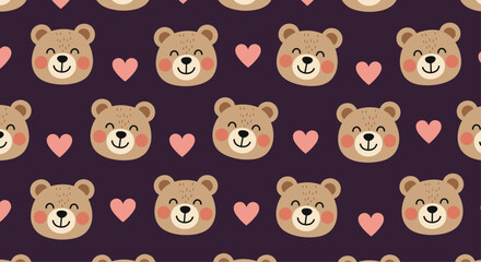 Cute teddy bear pattern with pink hearts on a dark purple background.