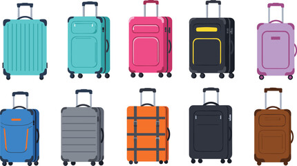 Art & IllustrationColorful luggage set, rolling suitcases, travel bags with wheels, modern trolley cases, airport essentials, stylish luggage, vacation travel gear