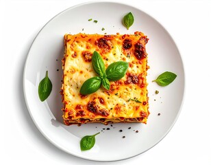 Baked lasagna square, basil garnish, on white plate