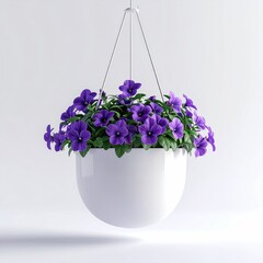 Purple violet flowers in white hanging pot, bright scene