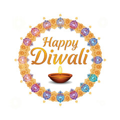 Naklejka premium Happy Diwali Typography Vector with Rangoli Inspired Circular Festival Design and Decorative Lamp HAPPY DIWALI 2025