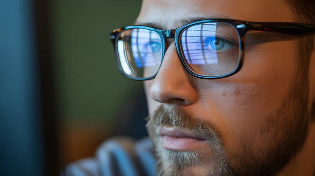 Close up of a man with glasses looking at a computer screen - Powered by Adobe