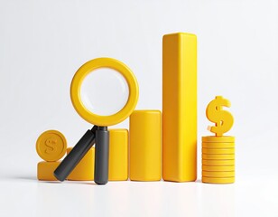 Yellow bars, coins, magnifying glass; business analysis