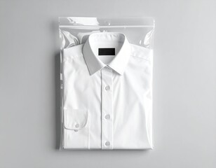 White shirt, folded, in clear plastic bag. Clean look