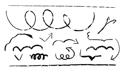 Pencil brush line scribble and crayon hand drawn doodle arrow. Grunge stroke for emphasis. Handwritten chalk underline texture set. Sketchy comic note art with thin curve, frame and swirl png.
