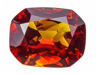 Faceted reddish gemstone, cushion cut with yellow center
