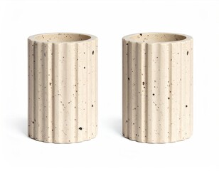 Two speckled, ribbed, cylindrical plant pots on white