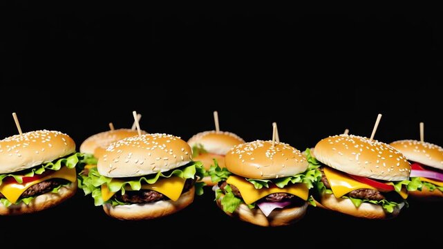 Fallender Cheeseburger in Zeitlupe &ndash; Frisches Fast Food auf dunklem Hintergrund