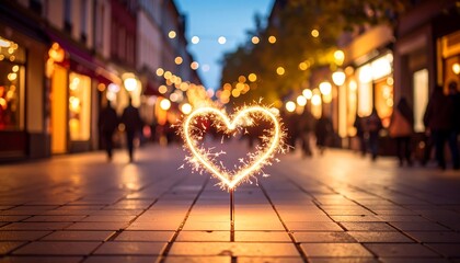 Sparkler Heart on City Street at Dusk with Bokeh Lights
