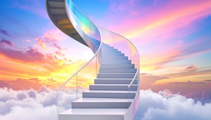Spiral Staircase Ascending to Sky Above Clouds at Sunset