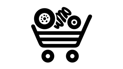 Online shopping cart icon filled with automotive spare parts, representing vehicle maintenance, car repair services, and e-commerce