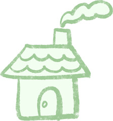 Hand Drawn Pastel Green House Icon with Chimney Smoke – Eco Friendly Doodle Style Illustration for Kids Clipart and Environmental Design